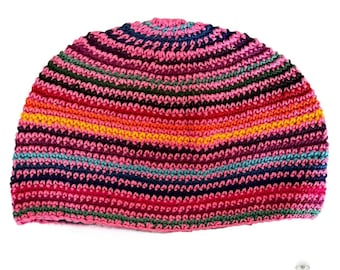 Pink Stripe Kufi Skull Cap - Crocheted Beanie Hat, Ethically sourced