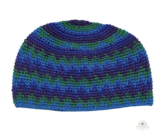 Blue Zig Zag Kufi Skull Cap - Crocheted Beanie Hat, Ethically sourced