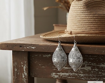 Silver Hammered Tribal Earrings: Boho Jewelry