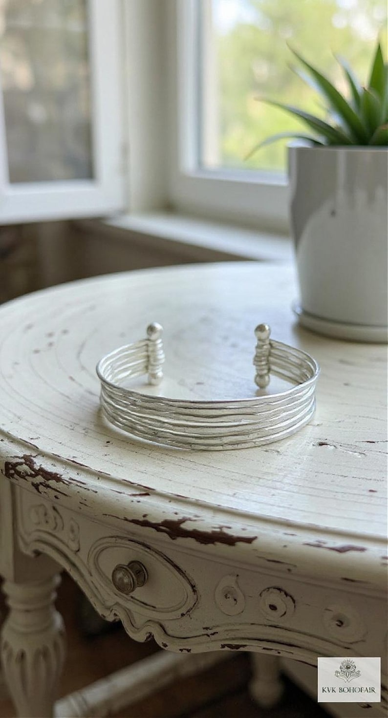 Thin Hammered Silver Cuff Bracelet: Handcrafted Boho Jewelry image 10