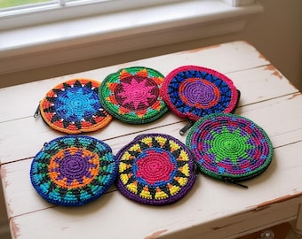 Round Crochet Coin Purse from Guatemala - Colorful Change Pouch for Small Essentials