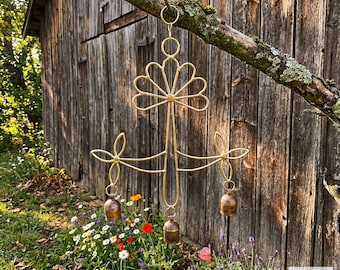 Peaceful: Handmade Flower Garden Wind Chime with Rustic Bells