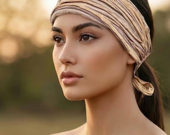 Beige Stripe Tie Back Boho Headband - Headbands for Women, Stylish Bohemian Head Scarf