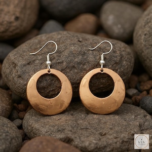 Round Copper Hoop Earrings - Boho Earrings, Handcrafted Hammered Dangles