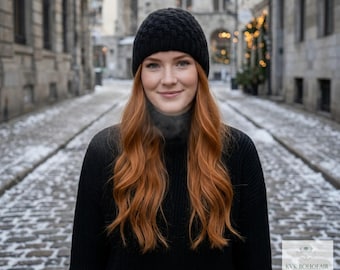 Cozy Black Wool Beanie Hat - Hand Knit Winter Accessory