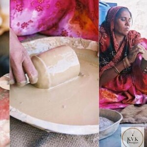 May include: A cylindrical ceramic mold is being pressed into a shallow basin filled with light brown liquid clay. The process involves shaping the material within the container, while a logo with the text KVK Designs is visible in the corner.