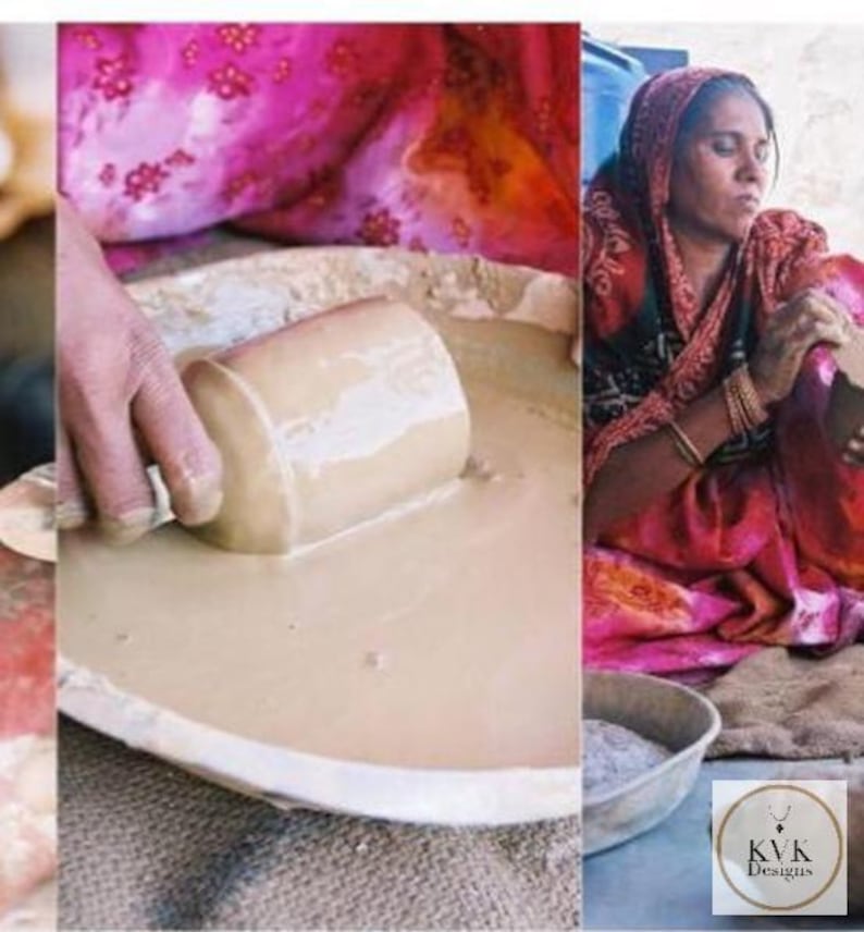 May include: A cylindrical ceramic mold is being pressed into a shallow basin filled with light brown liquid clay. The process involves shaping the material within the container, while a logo with the text KVK Designs is visible in the corner.