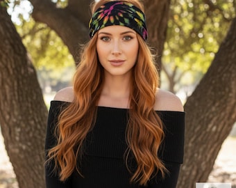 Diadema boho tie-dye negra - Elegante turbante boho, diademas para mujer