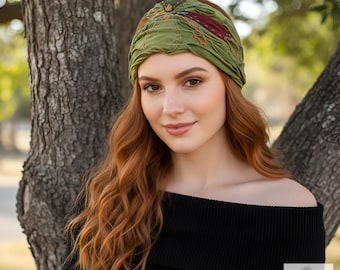 Green Flower Boho Headband -  Stylish Bohemian Headwrap, Headbands for Women