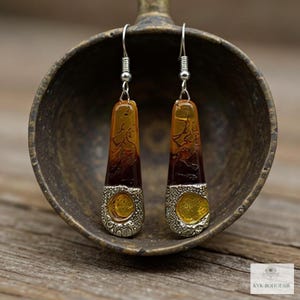 Handcrafted Brown Fused Dichroic Glass Earrings - Boho Teardrop Dangle Earrings