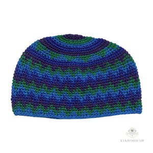Blue Zig Zag Kufi Skull Cap - Crocheted Beanie Hat, Ethically sourced