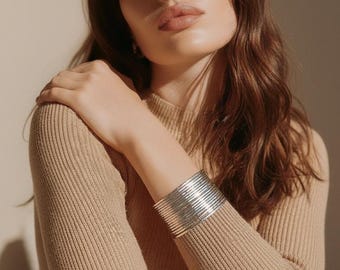 Wide Hammered Silver Cuff Bracelet: Handcrafted Boho Jewelry