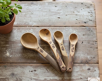 Coffee Root Wood Measuring Spoons - Set of 4, Rustic Kitchen Utensils