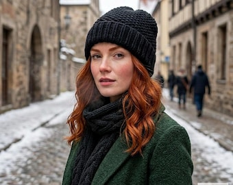 Cozy Black Wool Beanie - Hand Knit Winter Essential, Slouchy Beanie
