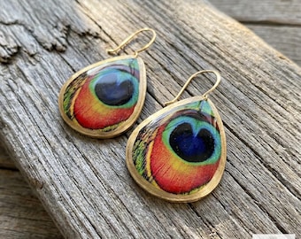 Boho Peacock Feather Print Teardrop Earrings - Bohemian Gold-plated Boho Jewelry