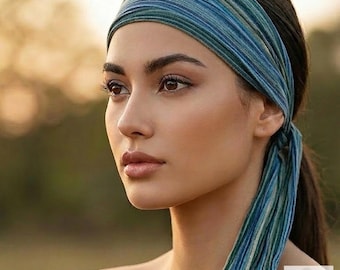 Blue Stripe Tie Back Boho Headband - Headbands for Women, Bohemian Cotton Head Scarf