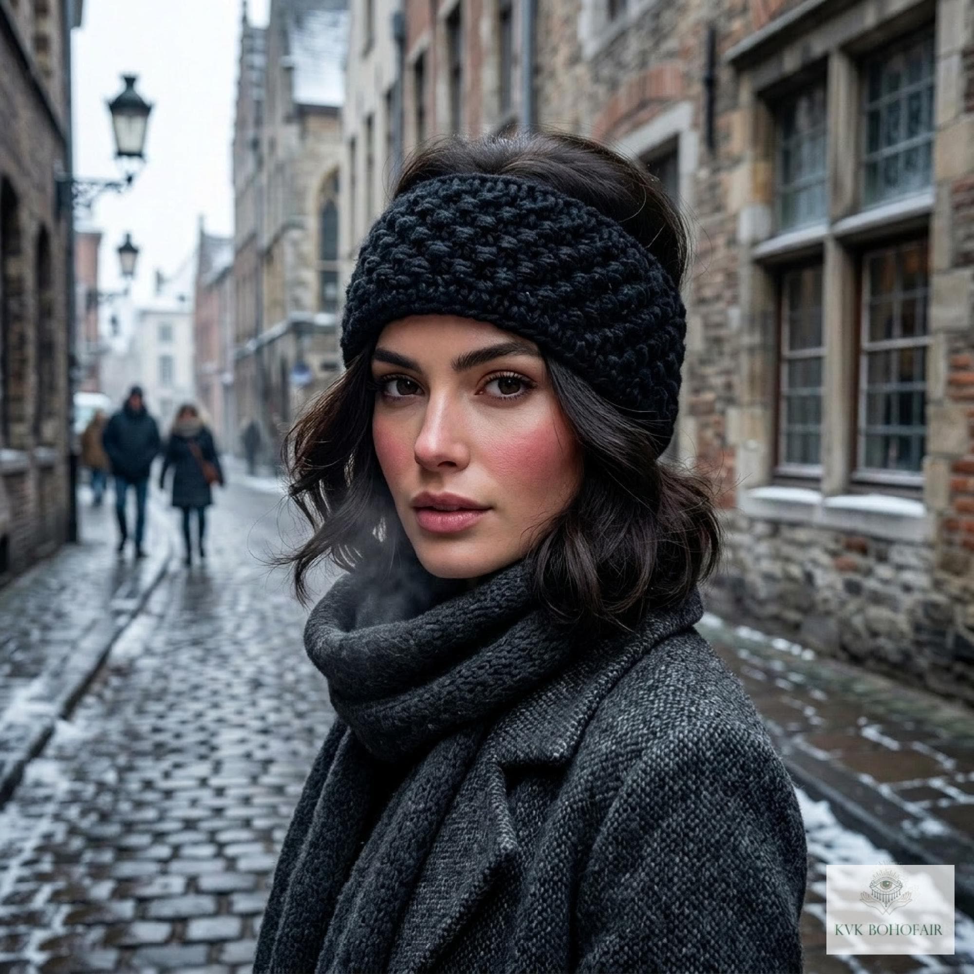 Hand-Knit Black 100% Wool Headband - Cozy Ear Warmer for Women