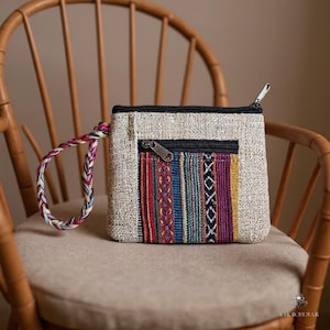 Striped Hemp Coin Purse Wristlet: Artisan-made Handcrafted Pouch