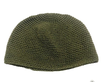Olive Green Kufi Skull Cap - Crocheted Beanie Hat, Ethically sourced