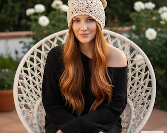 Gorro de ganchillo hecho a mano con flores: gorro holgado ligero.