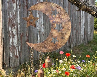 Crescent Moon and Stars with Hanging Bells Windchime - Artisan Metal Garden Decor Brass Bells