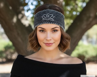 Black Lotus Flower Boho Headband, Wide Yoga Hairband, Cotton Spinning Headwrap for Women