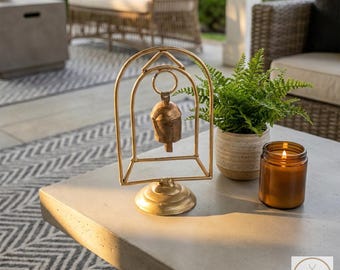 Zen Bell on Stand Peaceful Chime - Handcrafted Artisan Boho Metal Decor, 6 Inch