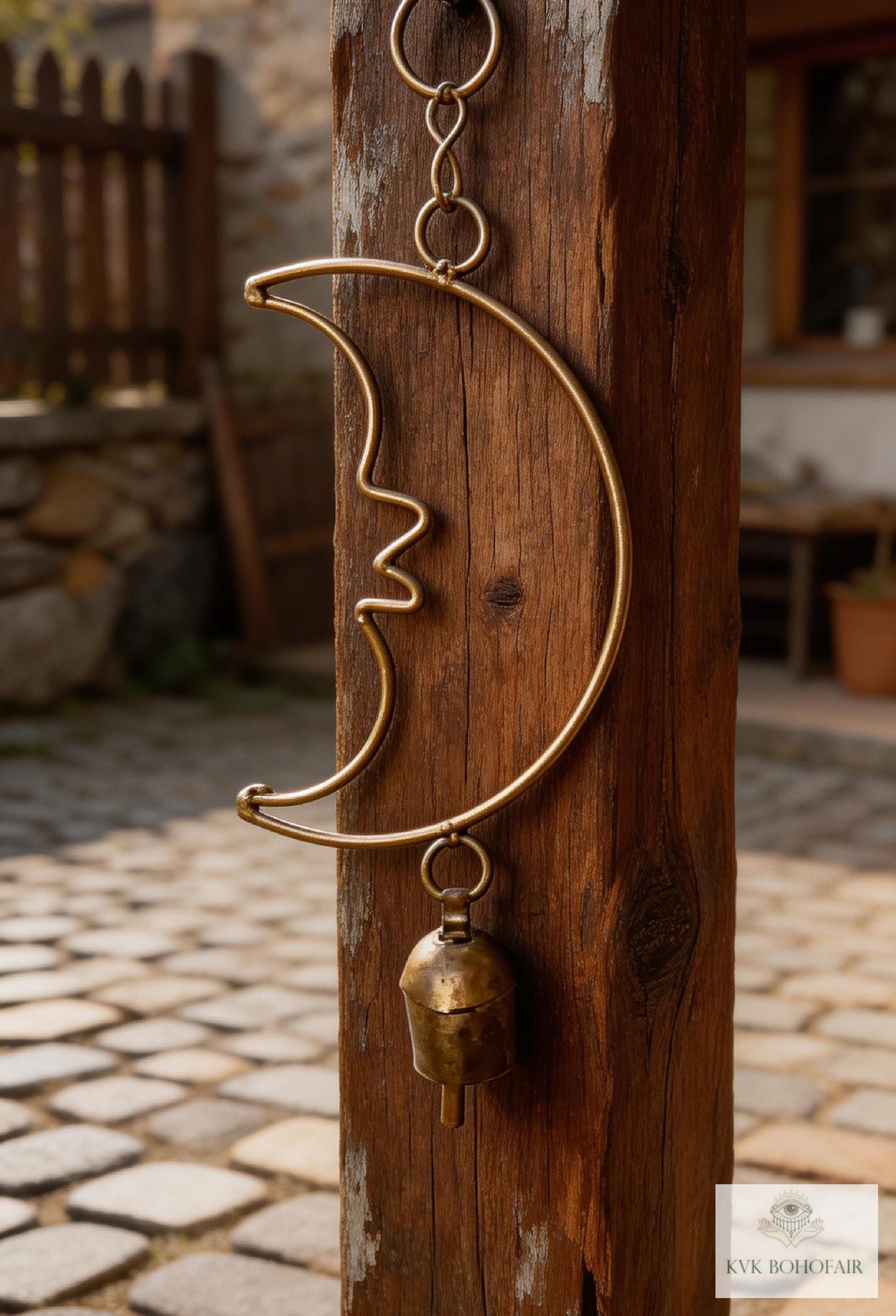 Crescent Moon Bell Chime - Handcrafted Artisan Boho Metal Garden Decor ...