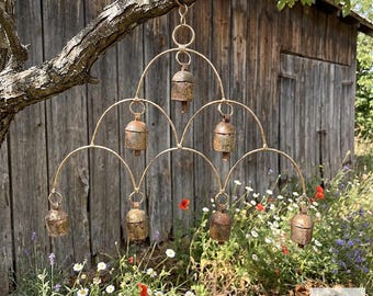 Artisan Chandelier Bells Wind Chime, Recycled Metal Garden Decor, Outdoor Patio Hanging Bells