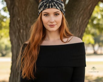 Black & Tan Tie Dye Boho Headband - Stylish Bohemian Headwrap, Headbands for Women