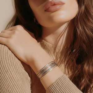 Thin Hammered Mixed Metal Cuff Bracelet: Handcrafted Boho Jewelry