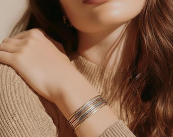Thin Hammered Mixed Metal Cuff Bracelet: Handcrafted Boho Jewelry