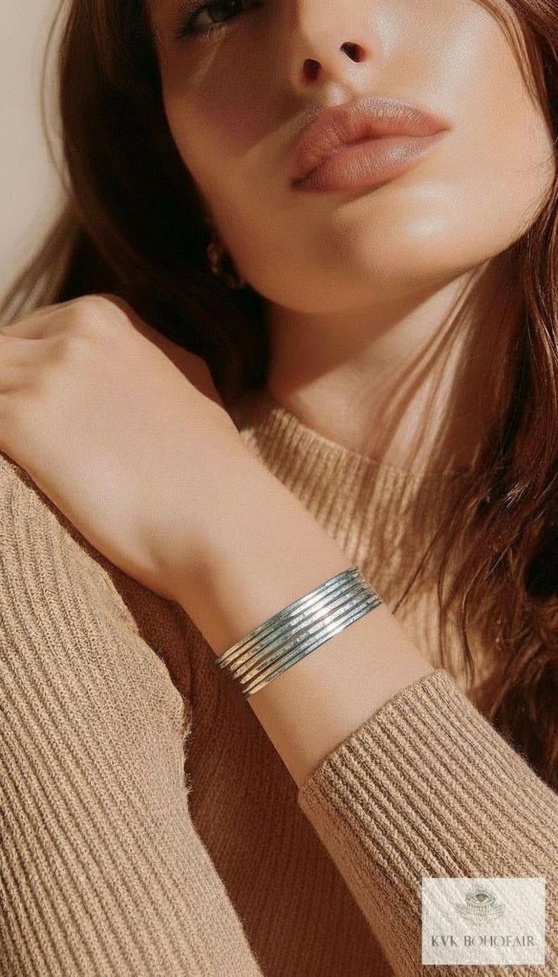 Thin Hammered Silver Cuff Bracelet: Handcrafted Boho Jewelry image 1