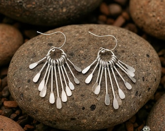 Boho Silver Fringe Paddle Earrings: Sterling Silver Wires, Handmade