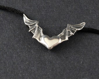 Heart In Flight Bat Wings Sterling Silver Necklace on Sterling Silver Box Chain or Black Satin Cord