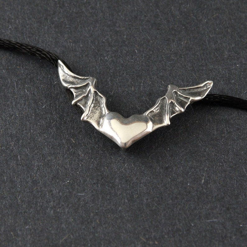 Heart In Flight Bat Wings Sterling Silver Necklace on Sterling Silver Box Chain or Black Satin Cord image 1