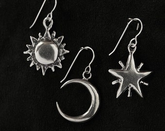 Sun, Moon, Star Earrings Sterling Silver minus credit