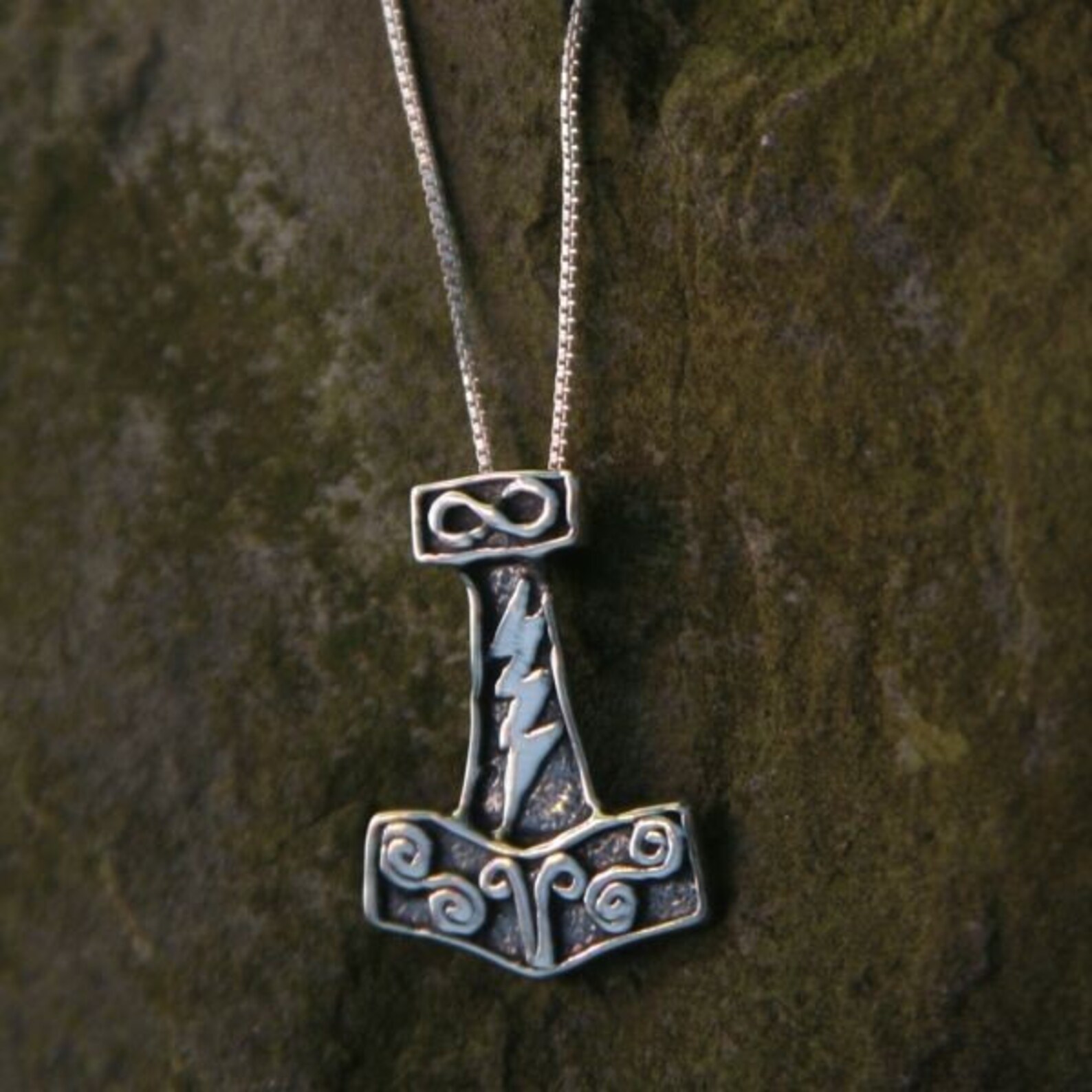 Thor's Hammer Sterling Silver Necklace on Sterling Silver Box Chain or