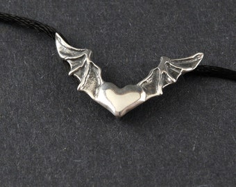 Heart In Flight Bat Wings Sterling Silver Necklace on Sterling Silver Box Chain or a Black Satin Cord
