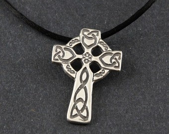Celtic Cross Sterling Silver on Sterling Silver Box Chain or Black Satin Cord