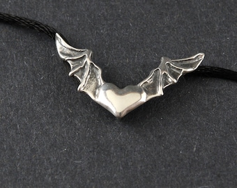 Heart In Flight Bat Wings Sterling Silver Necklace on choice of Sterling Silver Box Chain or Black Satin Cord