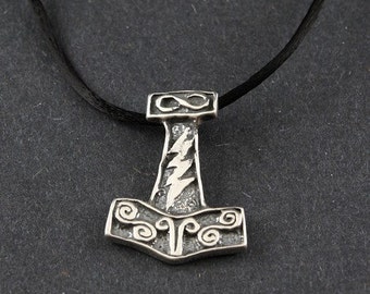 Thor's Hammer Sterling Silver Necklace on Sterling Silver Box Chain or a Black Satin Cord
