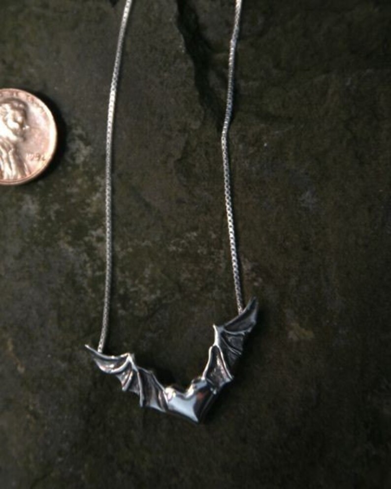 Heart In Flight Bat Wings Sterling Silver Necklace on Sterling Silver Box Chain or Black Satin Cord image 2