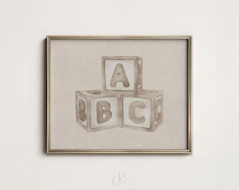 ABC Block Nursery Print: Neutral Alphabet Illustration, Scandinavian Baby Room Wall Art PRINTABLE (Digital Download)