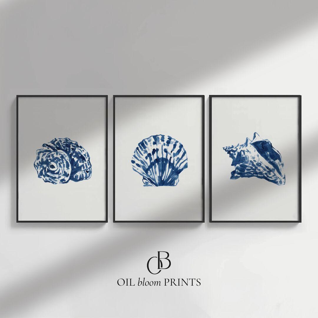 Blue Shell Ptints Navy Blue Beach Wall Art, Sea Shell Prints, 3 Piece Wall Art ...