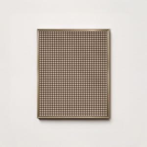 May include: A framed print with a brown and beige gingham pattern. The frame is a thin, gold colour. The gingham pattern is a classic design, with evenly spaced squares of brown and beige.