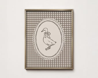 Brown Gingham Duck Print: Baby Nursery Wall Art, Cottagecore Decor (Digital Download Printable)