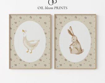 Set de arte mural para habitación infantil con diseño de oca y conejito: Decoración rústica para habitación infantil, estampado de animales de granja, rosa floral