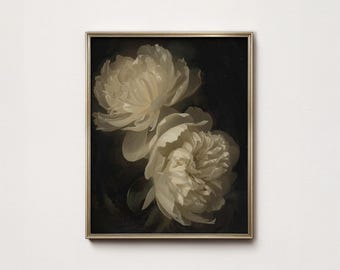 Moody Botanical Peony Print: Dark Floral Still Life Oil Painting Printable (Digital Download)