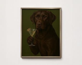 Chocolate Lab Martini Art Print: Olive Green Dog Bar Poster (Digital Download)
